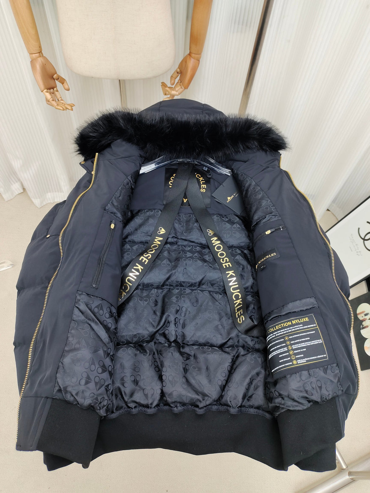 Moose Knuckles Navy Blue Hooded Puffer Bomber Jacket with Fur-Style Trim