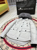 Moose Knuckles Women's Light Gray Hooded Parka with Fur-Style Trim