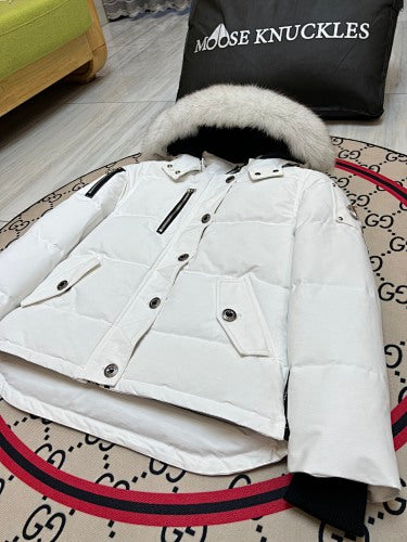 Moose Knuckles Women's White Quilted Hooded Jacket with Fur-Style Trim