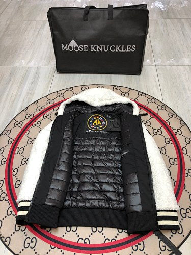 Moose Knuckles White Sherpa Hooded Jacket with Striped Trim