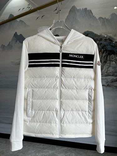 Moncler White Hooded Knit-Panel Jacket with Quilted Front
