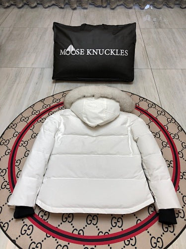 Moose Knuckles Women's White Quilted Hooded Jacket with Fur-Style Trim
