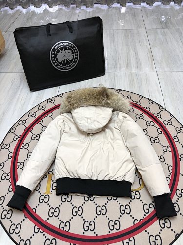 Canada Goose Women's Ivory Hooded Bomber Jacket with Fur-Style Trim