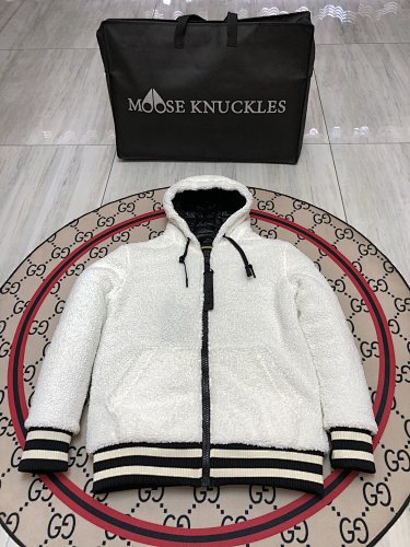 Moose Knuckles White Sherpa Hooded Jacket with Striped Trim