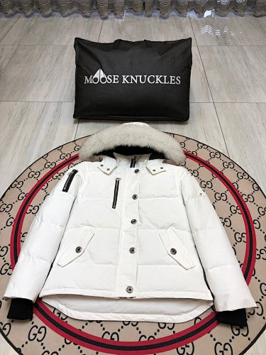 Moose Knuckles Women's White Quilted Hooded Jacket with Fur-Style Trim