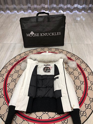 Moose Knuckles Women's White Hooded Bomber Jacket with Pom-Pom Details