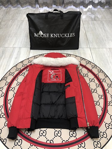 Moose Knuckles Men's Red Hooded Bomber Jacket with Fur-Style Trim
