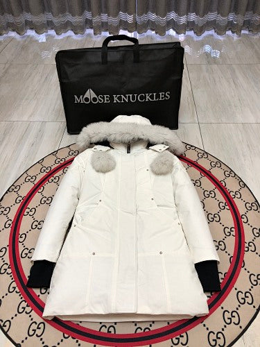 Moose Knuckles Women's White Long Parka with Fur-Style Hood Trim