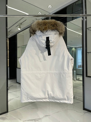 MLB NY Logo Unisex White Hooded Puffer Jacket with Fur-Style Trim