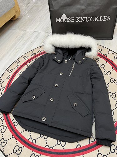 Moose Knuckles Men's Black Hooded Parka with White Fur-Style Trim