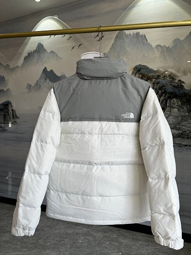The North Face White and Gray Puffer Jacket with Large Chest Logo