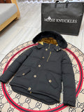 Moose Knuckles Men's Black Hooded Jacket with Gold-Tone Details