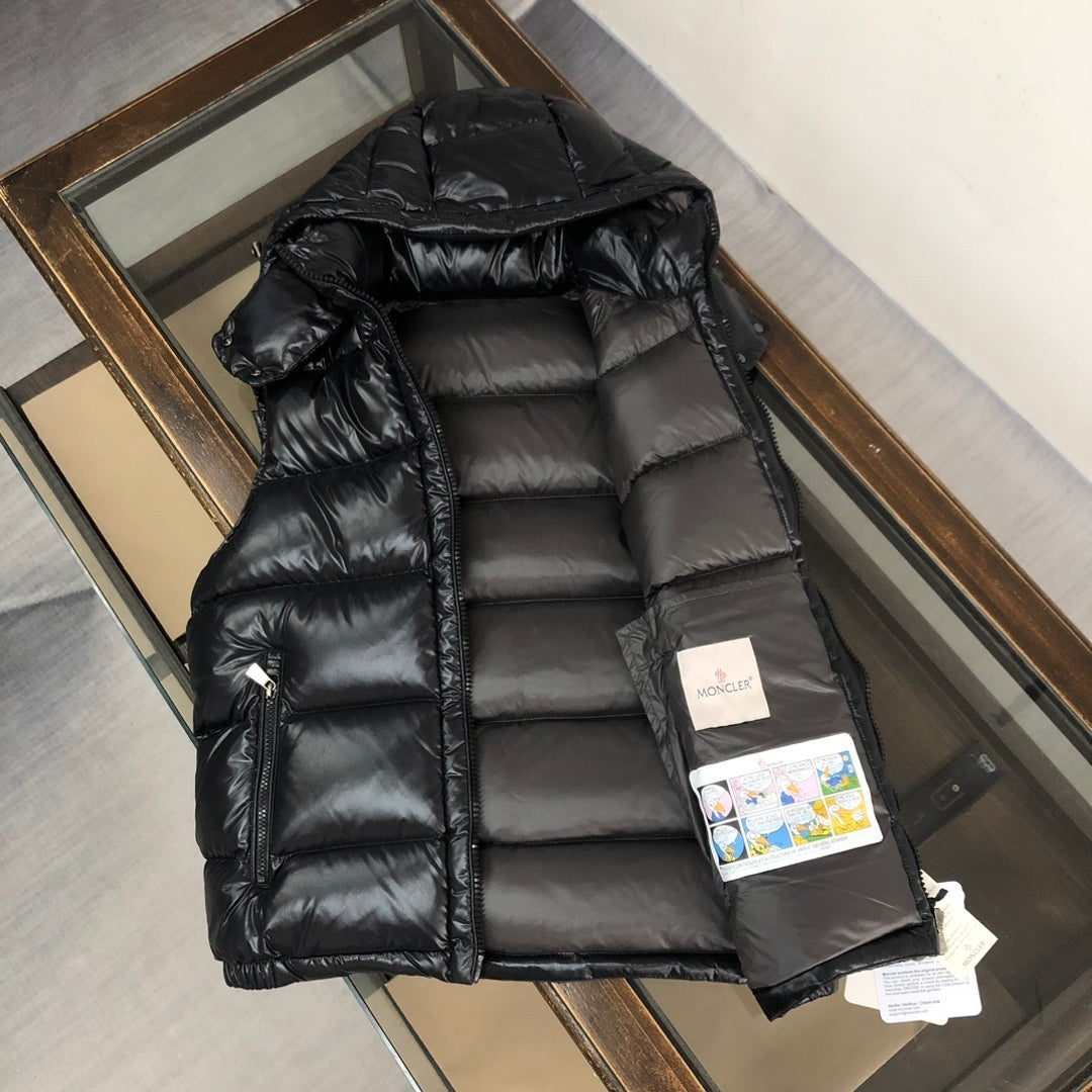 Moncler Glossy Black Puffer Vest with Detachable Hood
