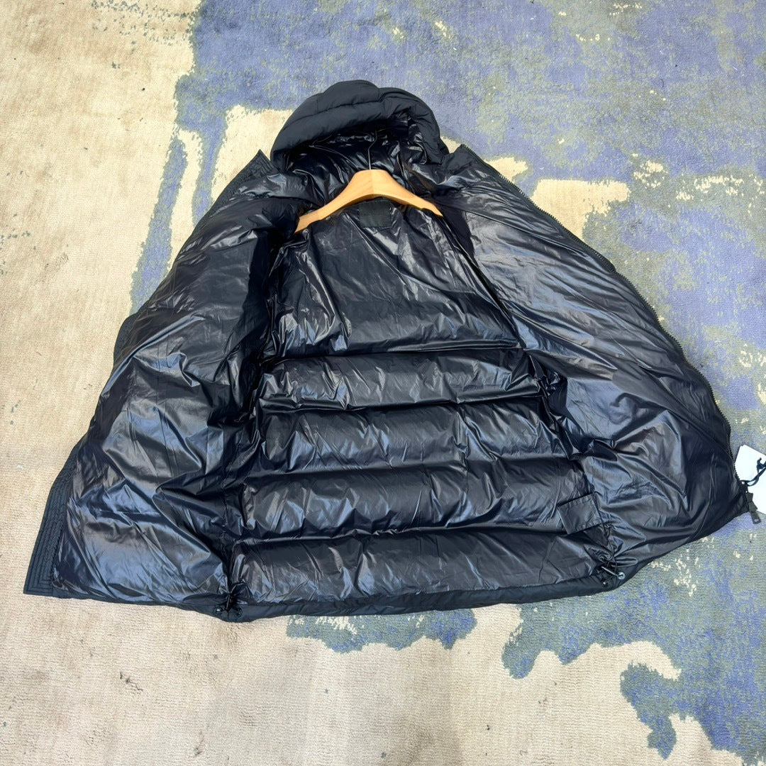 Moncler Long Hooded Puffer Coat with Oversized Logo Patch