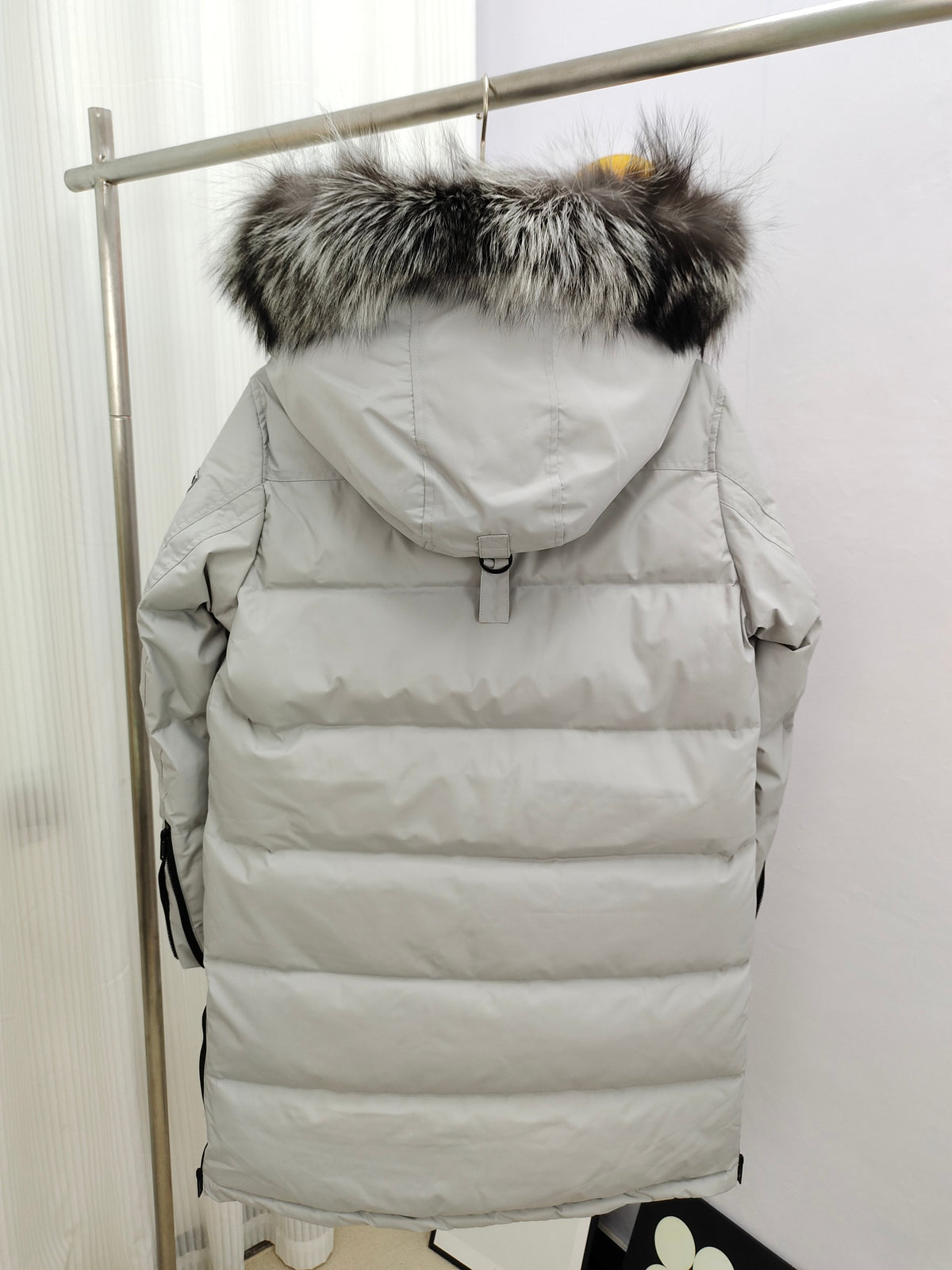 Moose Knuckles Women's Light Gray Long Parka with Fur-Style Hood Trim