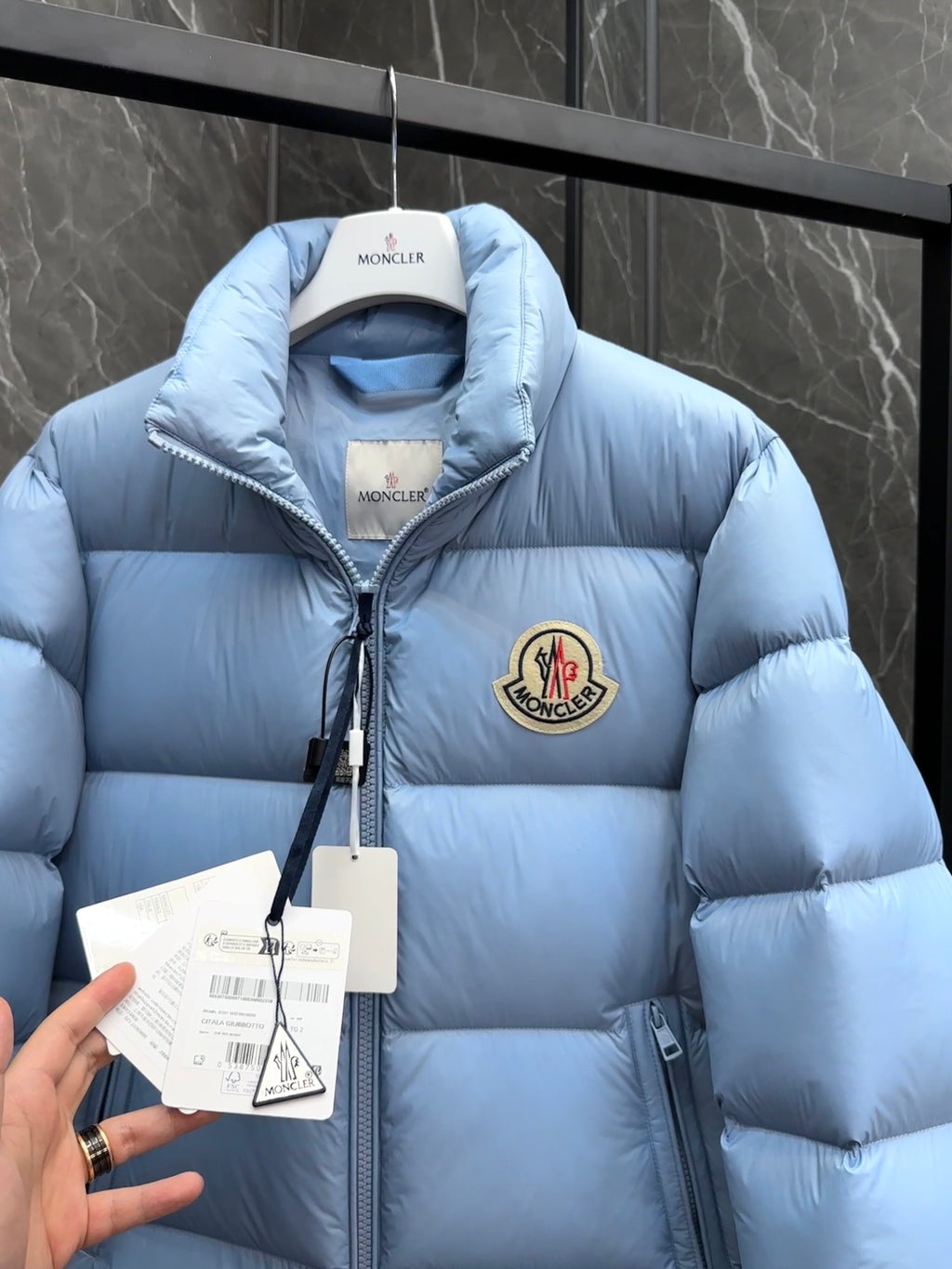 Moncler Light Blue Stand-Collar Puffer Jacket with Large Logo