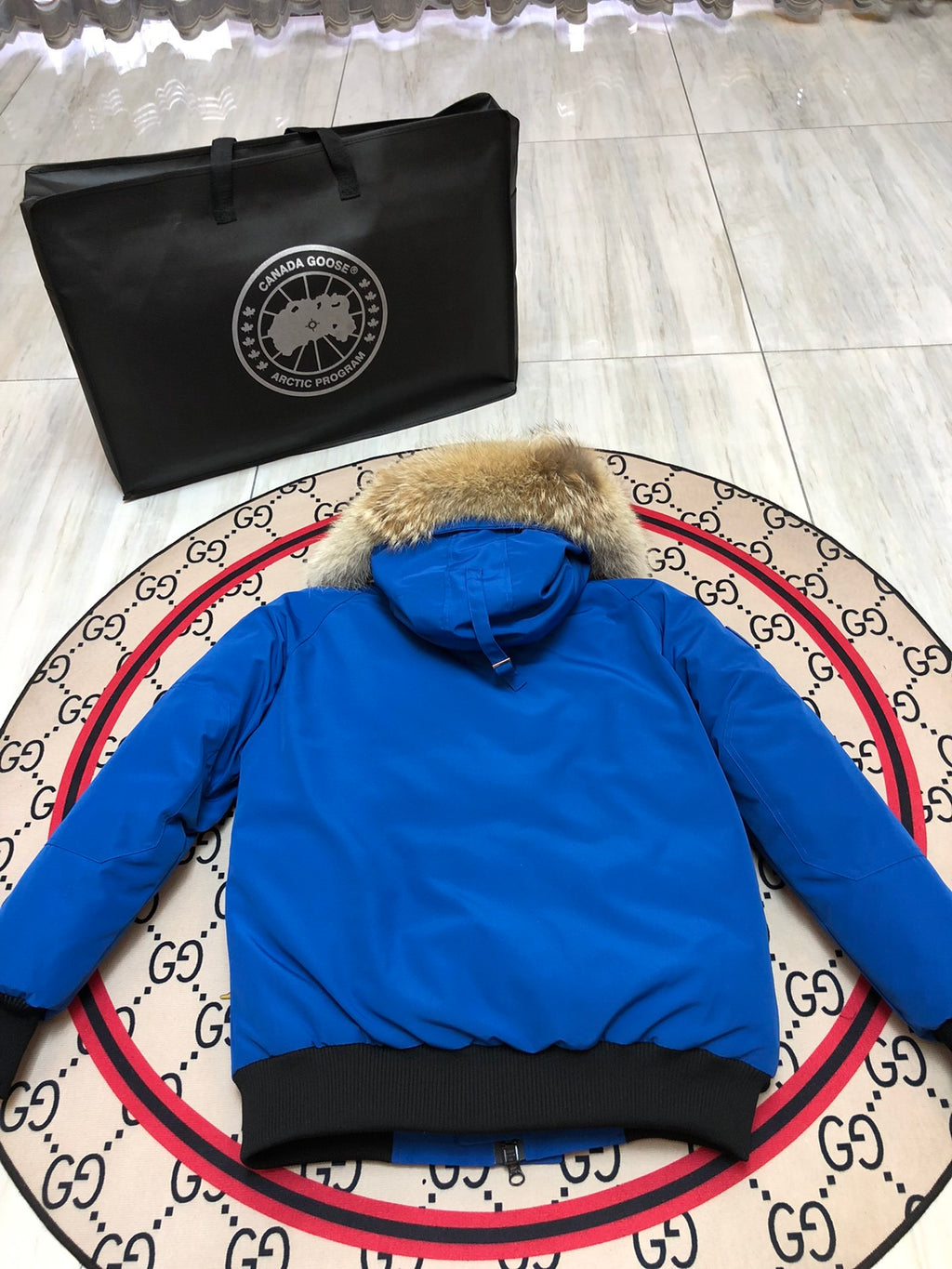 Canada Goose Chilliwack Blue Hooded Bomber Jacket with Fur-Style Trim