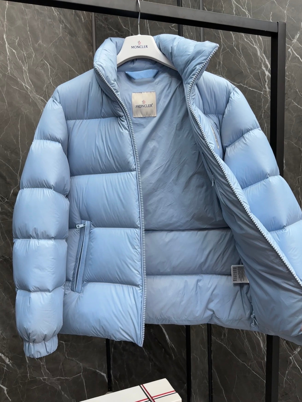 Moncler Light Blue Stand-Collar Puffer Jacket with Large Logo
