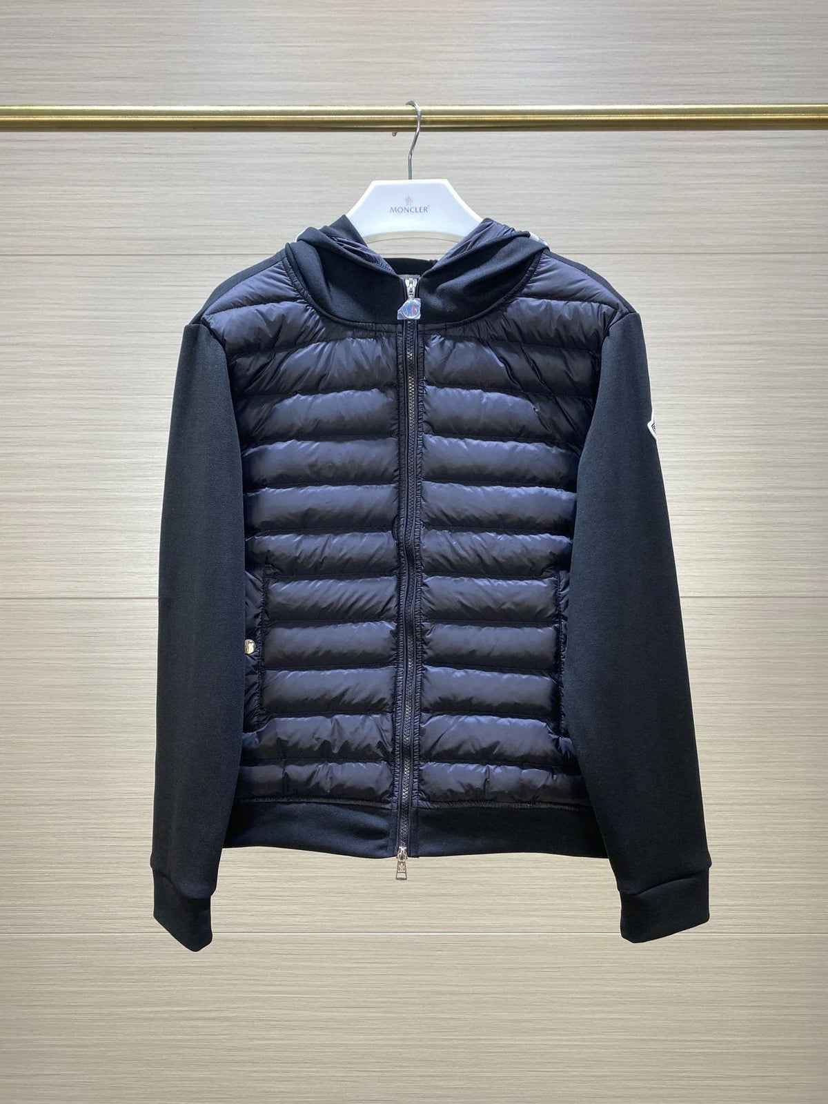 Moncler Black Quilted-Front Hooded Jacket with Sweater Sleeves