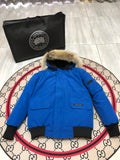 Canada Goose Chilliwack Blue Hooded Bomber Jacket with Fur-Style Trim