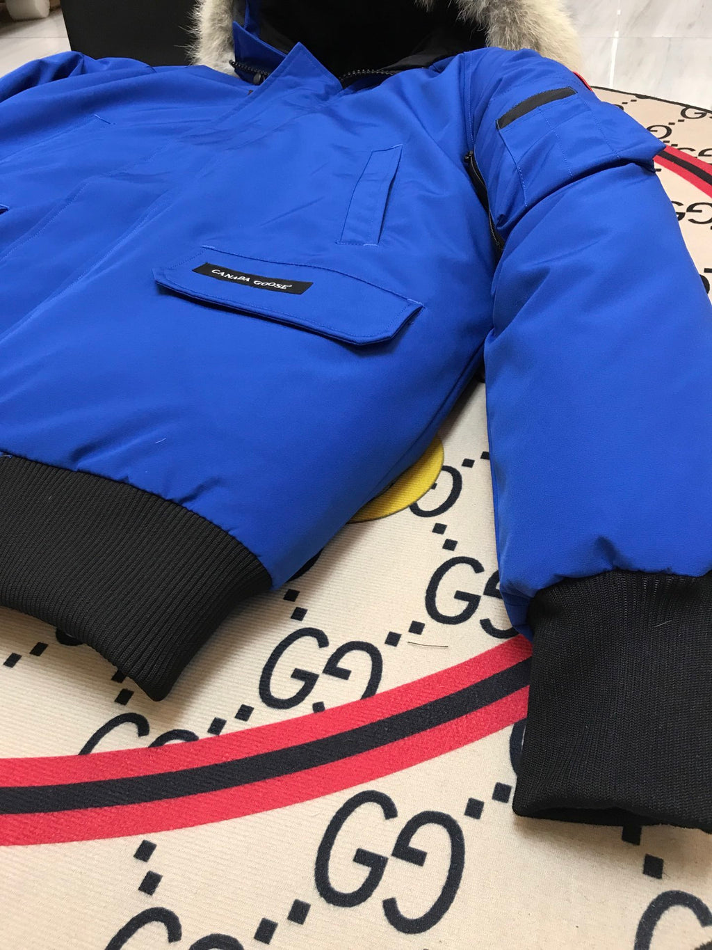 Canada Goose Chilliwack Blue Hooded Bomber Jacket with Fur-Style Trim
