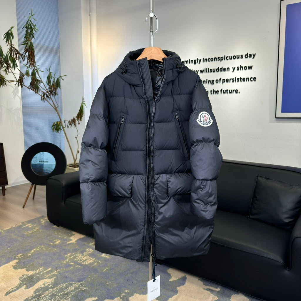 Moncler Long Hooded Puffer Coat with Oversized Logo Patch